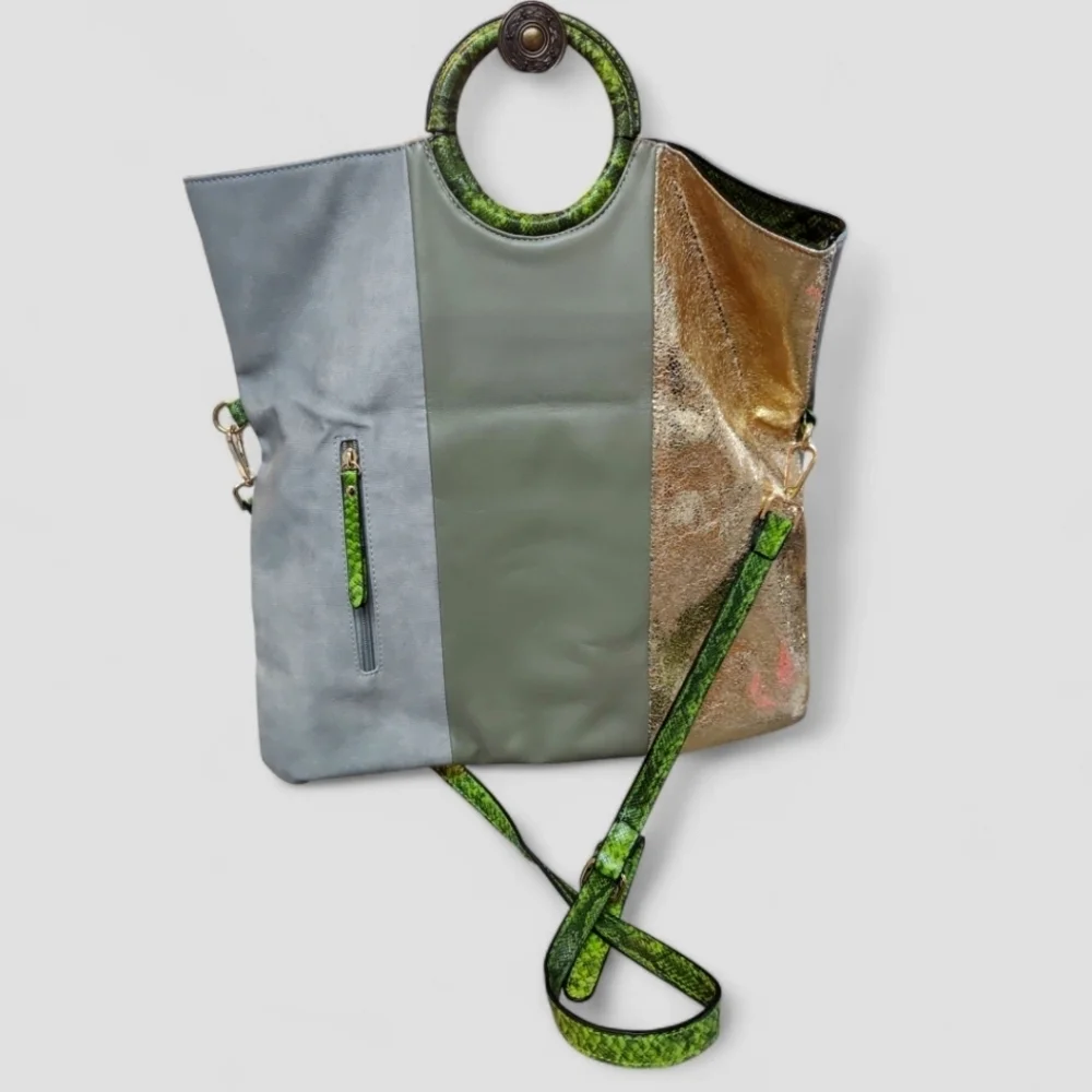 NWOT DukiDaso Green, Gray & Gold Tote